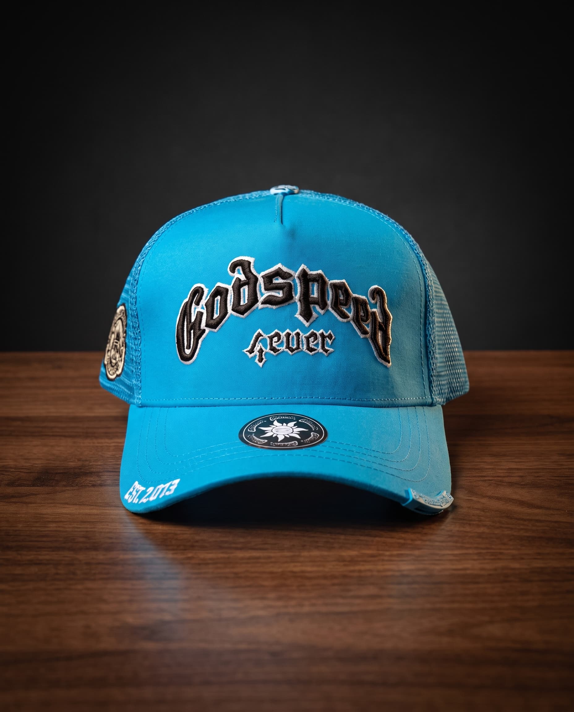 Cyan Godspeed — Cyan Blue / Black & White Embroidery