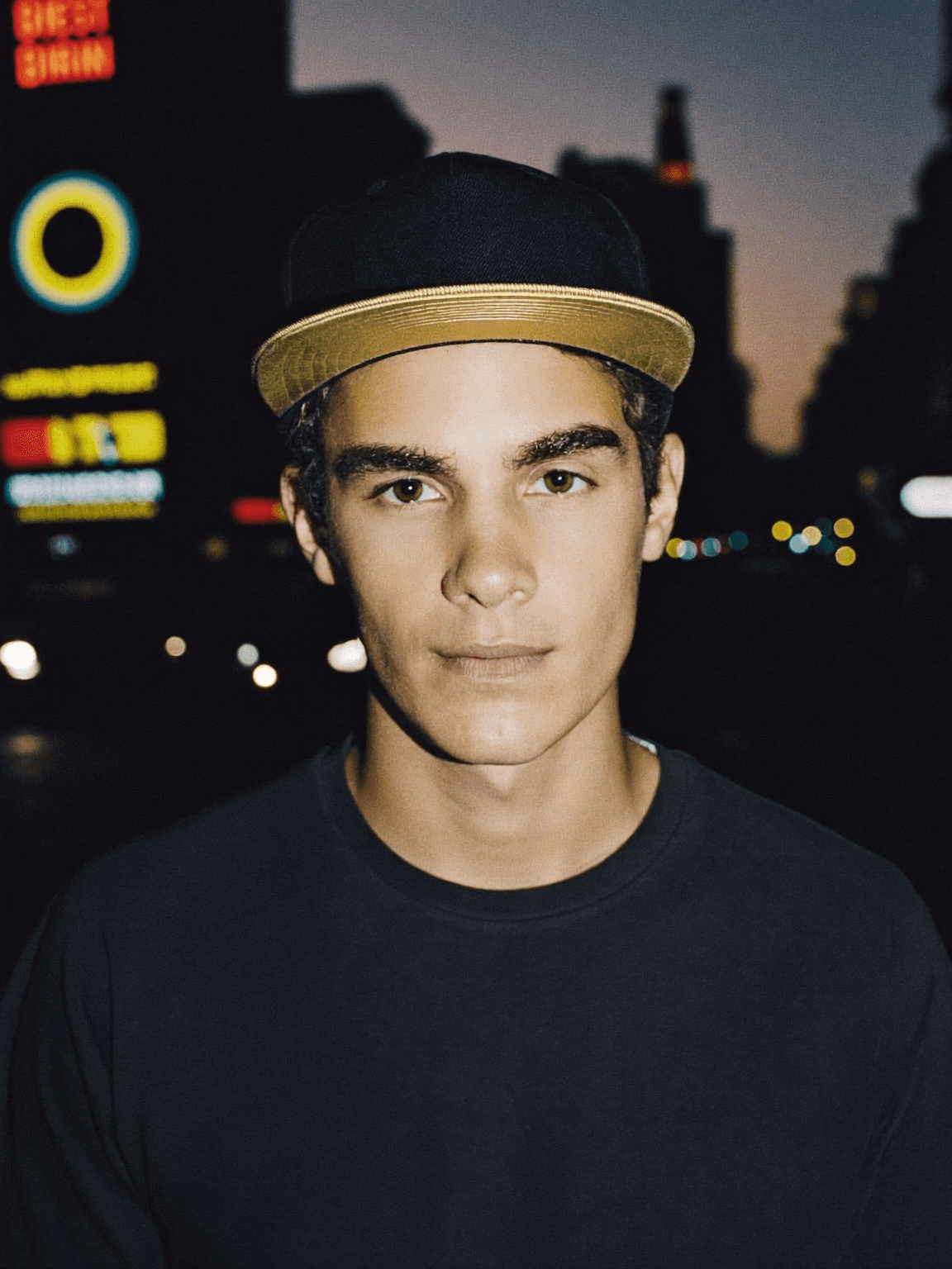 Man wearing a black snapback with gold brim on a Miami street at dusk
